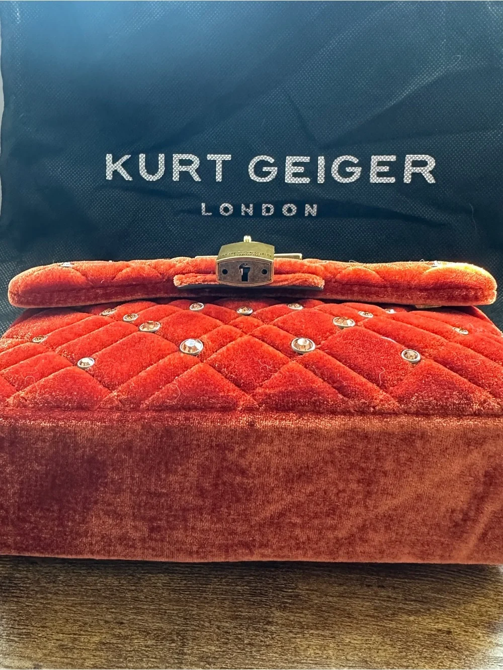 Kurt Geiger‎ Crossbody Bag Orange Velvet Mini Brixton Quilted Studded Luxury